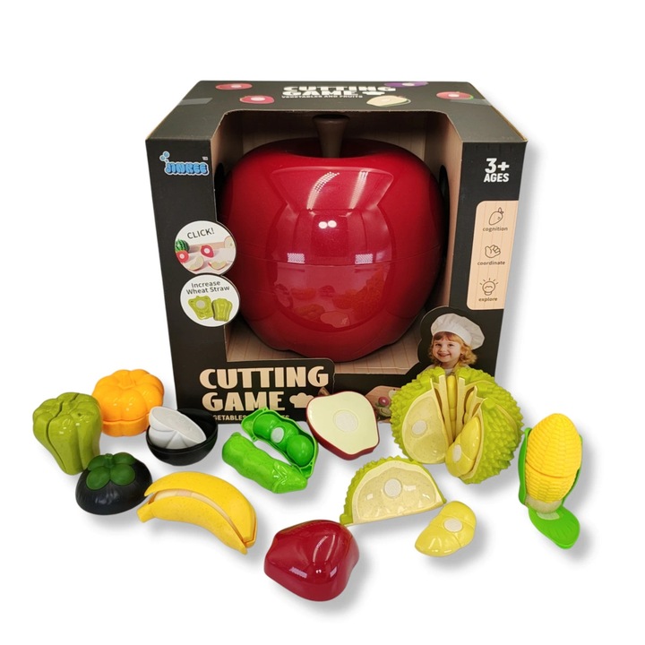 Set de taiere fructe si legume 29 elemente, Jinkee, cutie rosie, pentru copii 3+