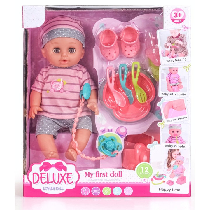 Papusa Bebe Interactiva PinkBlue, 12 Sunete, Bea Apa si Face Pipi, Ochi Mobili, cu Olita si Accesorii, 30 cm, 3+ Ani