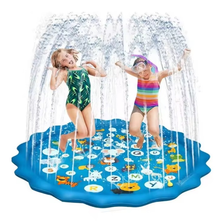 Piscina tip covoras de apa Macvi®, 170 cm, Albastru, PVC rezistent, Conectare la furtun apa, pentru joaca in aer liber
