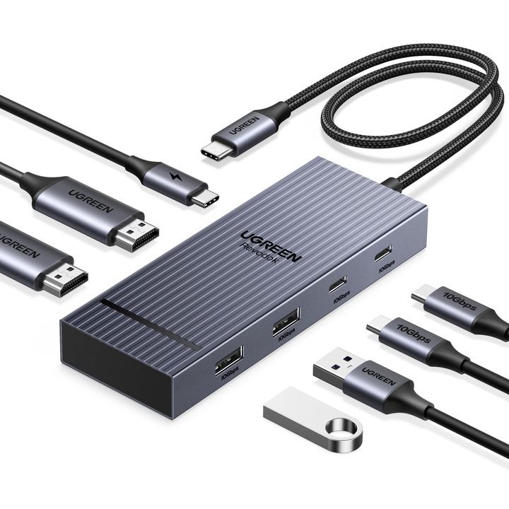 USB-C хъб UGREEN Revodok Pro 207, 7 в 1, 2 x HDMI 4K 60Hz, PD 100W, 2 x USB 3.2 и 2 USB 3.2 Type C 10Gbps, докинг станция адаптер за лаптоп MacBook, Windows, Android