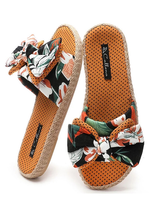 Papuci dama casual, comozi, cu platforma joasa, fundita si imprimeu floral, Portocaliu, 36