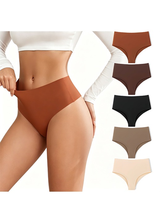 Chiloti de dama cu talie medie, set de cinci, fara cusaturi, moi si confortabili, material elastic, amestec de poliamida/spandex, multiple, Maro inchis/Negru/Bej/Maro taupe deschis/Caramiziu