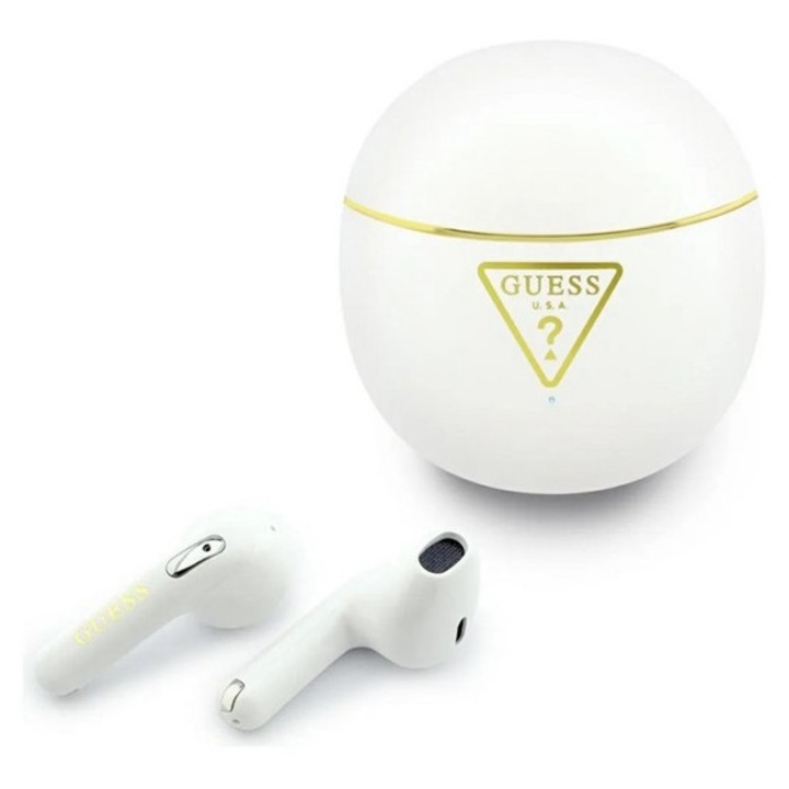 Guess gold line triangle bluetooth fülhallgató sztereo, v6.0, tws, mikrofon, ipx5 vízálló + töltőtok, fehér