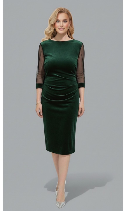 Rochie eleganta, midi, catifea, marimi mari, cu pliuri laterale modelatoare si maneci din tull transparent, Verde inchis, 46