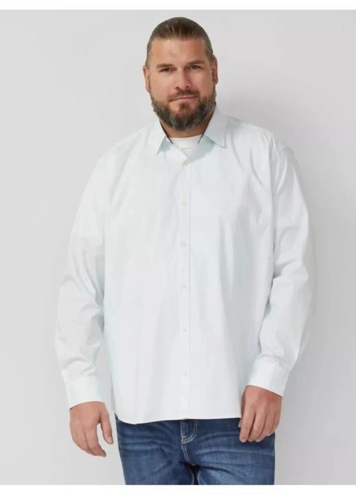 s.Oliver Big Sizes, Camasa barbati big sizes, cu guler Kent si imprimeu cu dungi, Slim Fit, Alb