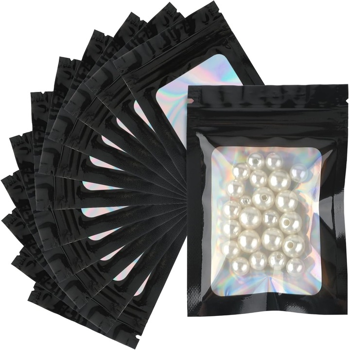 100 db Mylar cipzáras tasak, fekete műanyag cipzáras tasak, visszazárható Mylar cipzáras tasak, 7x10cm, holografikus cipzáras tasak élelmiszerek tárolására és csomagolására