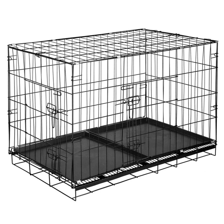 Cusca animale 2 usi pliabila metal tava detasabila xl, 100x70x60 cm, transport usor, negru