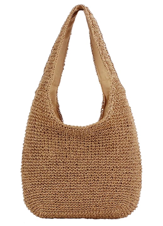 Geantă de umăr impletită, material paie, culoare maro camel