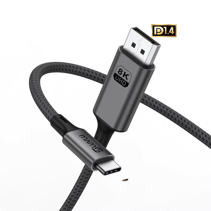 Cablu LUVLU® USB Type C la DisplayPort DP 1.4, 8K 60Hz, 5K 60Hz, 4K 144Hz, 2K 240Hz, 32.4Gbps, HDR, HBR3, DSC 1.2, Carcasa Aluminiu, Dublu Impletit, Compatibil Macbook, Dell, Lenovo, Thunderbolt 3/4, Laptop, Monitor Gaming, 2m
