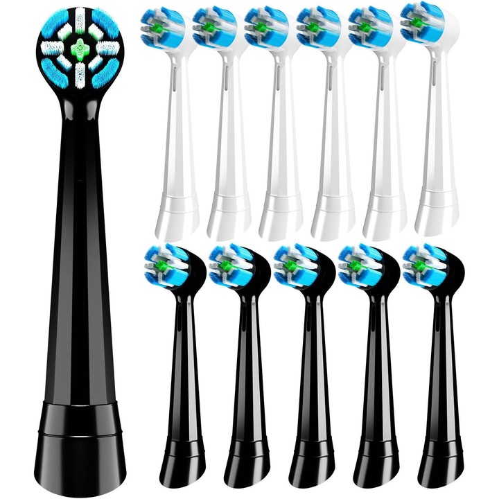 Set 12 Capete de periuta electrica compatibile Oral-B iO, peri moi, indicator uzura, ambalare individuala, alb si negru