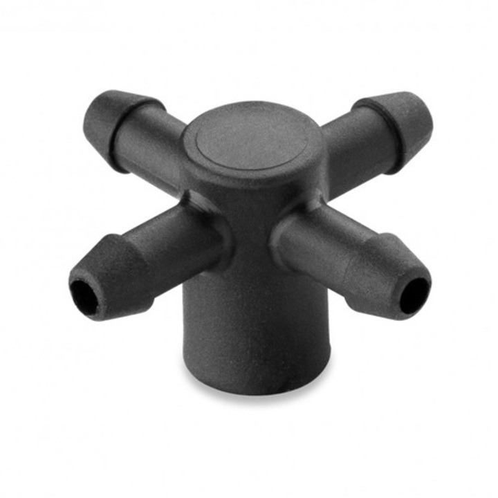 Set 100 x Distribuitor din plastic pentru picurare cu 4 iesiri x 5 mm, NR-7650, negru