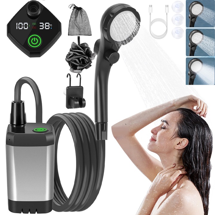 Hordozható Kemping Zuhany, 6000mAh, LED kijelző, IPX7 Vízálló, ABS, 4 Permetezési Mód, Zuhanyfejjel, 2M Tömlővel, Pumpával, USB Kábellel, Horoggal, Hőmérséklet, teljesítmény és erő kijelzővel, Alsó tapadókorongos kialakítás, Utazáshoz, Kempingezéshez