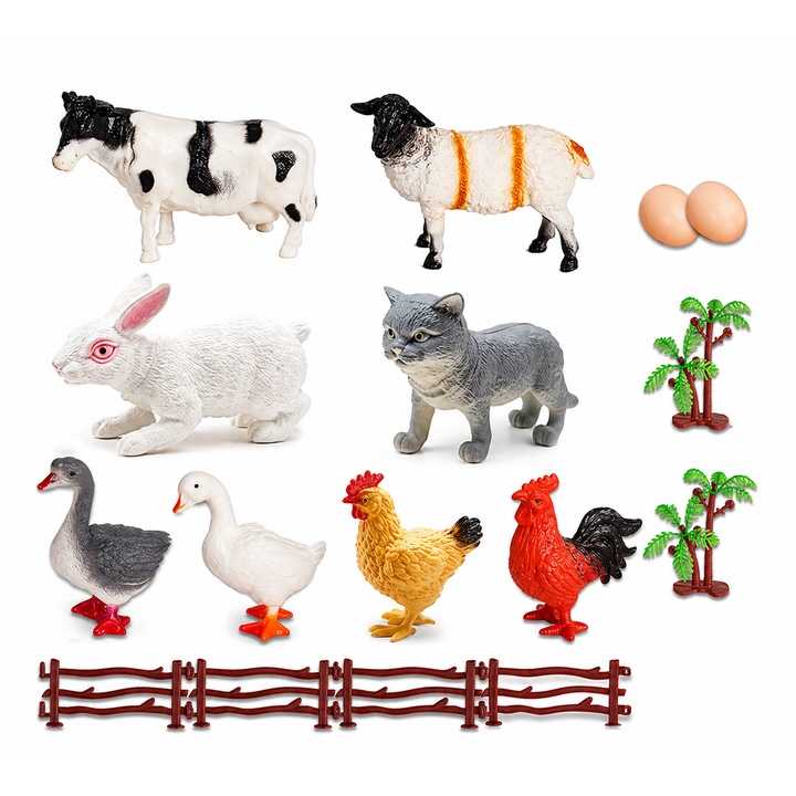 Set 8 Figurine Animale Ferma din Plastic pentru Copii, Jucarii Animale Domestice cu Accesorii - Vaca, Oaie, Iepure, Pisica, Pasari, Set Educativ Copii, 8-15cm