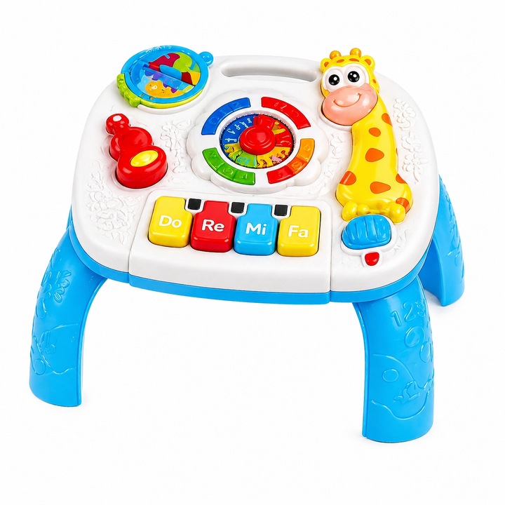 Masa Activitati Interactiva Pentru Copii Cu Girafa, Jucarie 2 in 1 Cu Pian, Butoane Si Jocuri Educative, Centru De Activitati Cu Lumini Si Sunete, Masa De Joaca Multicolora Pentru Dezvoltare Copii 18+ Luni