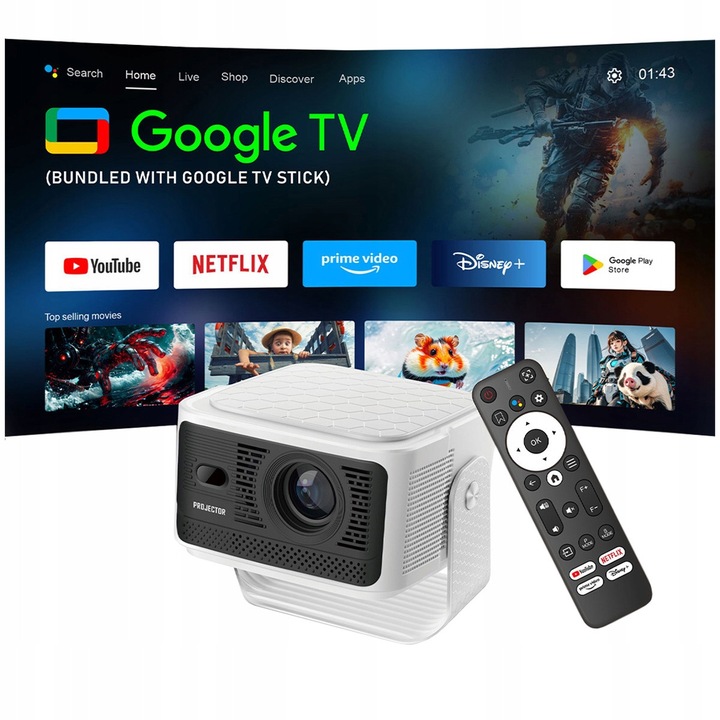 Proiector Multimedia Inteligent, CIRON, HY350 MAX GTV, Google TV, 500 ANSI, Suport 8K, Auto Focus, Rotatie 180°, Comanda Vocala, HDR10+, Cinema Profesional