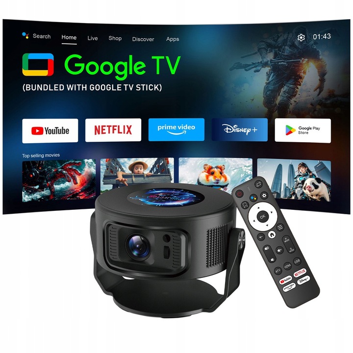 Multimédia Projektor, CIRON, HY300 MAX GTV, Google TV Stick, 2K Támogatás, 200 ANSI, 180° Forgatás, Automatikus Trapézkorrekció, Netflix, Hordozható Mozi