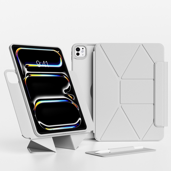 Gelle védőtok iPad Pro 11" M5 (2025), iPad Pro 11" M4 (2024) készülékhez, tolltartóval, 3-féleképpen összecsukható okostok, mágneses, ultravékony bőr, automatikus ébresztés funkció, szürke