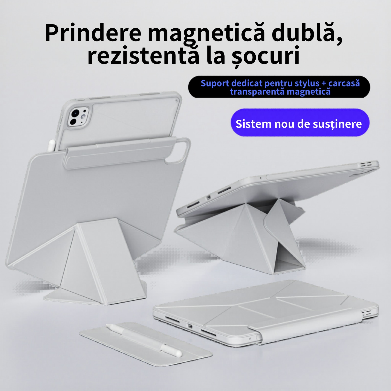 Husa de protectie Gelle pentru iPad 11 (A16) "11" 2025, iPad 10th Generation, 10.9 inch (2022), cu suport pentru stilou, husa inteligenta cu suport pliabil in 3 moduri, magnetica, ultra-subtire din piele, functie auto-wake, gri