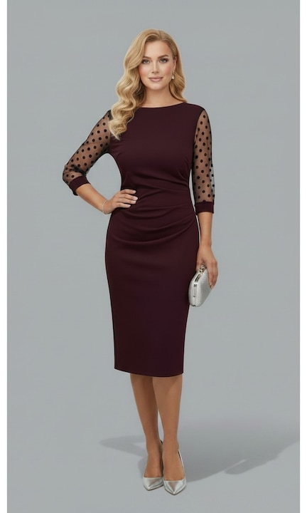 Rochie eleganta, midi, marimi mari, cu pliuri laterale modelatoare si maneci din tull transparent cu buline, Visiniu, 46