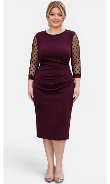 Rochie eleganta, midi, marimi mari, cu pliuri laterale modelatoare si maneci din tull transparent cu buline, 46