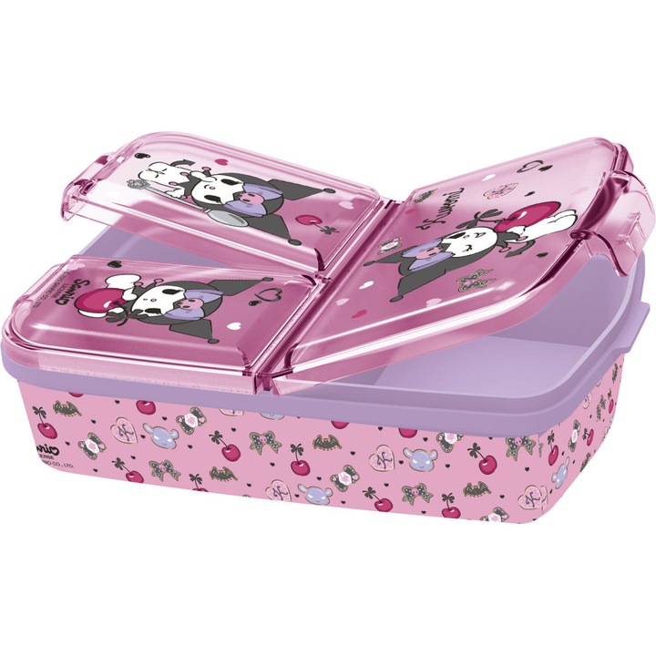 Cutie de gustari cu mai multe compartimente Hello Kitty si Kuromi, cutie pentru sandvisuri