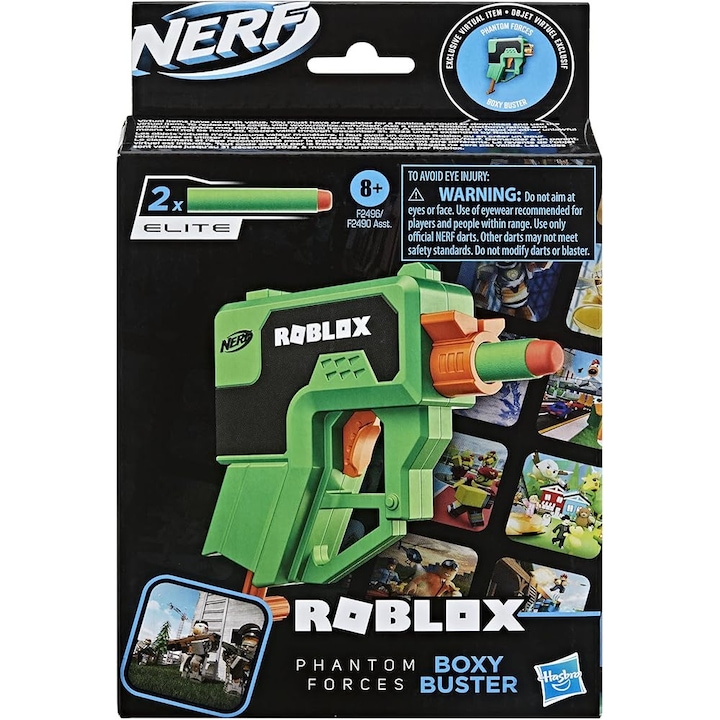 Бластер Nerf Roblox MicroShots Boxy Buster, компактен, предно зареждане, изстрелва 1 стреличка, пластмаса, зелен