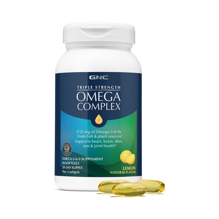 GNC Triple Strength Omega Complex, Acizi Grasi Omega-3-6-9 Pentru Sustinerea Sanatatii Cardiovasculare, Cognitive si Articulare, 90 cps