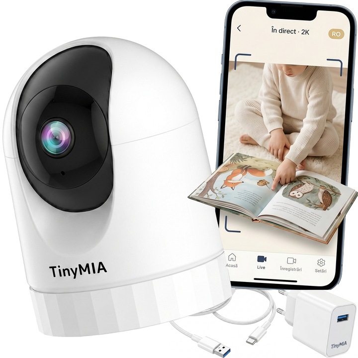 Camera Bebelus Wi-Fi 2K cu Audio Bidirectional, Monitor Bebelus PTZ Rotativa 360 Grade, Camera Supraveghere Interior pentru Bebelusi si Copii, Camera IP Smart cu Vedere Nocturna, Detectie Miscare AI, Aplicatie Mobila, Card SD si Cloud, TinyMIA D1