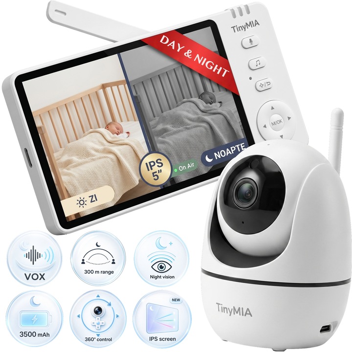 Baby Monitor TinyMIA videokamerával babáknak és hanggal, 5 hüvelykes IPS HD 720p videó bébiőr, WiFi nélküli bébiőr, éjjellátó bébiőr, videó bébiőr, babakamera, kétirányú kommunikáció, bébiőr, 3500mAh akkumulátor, VOX