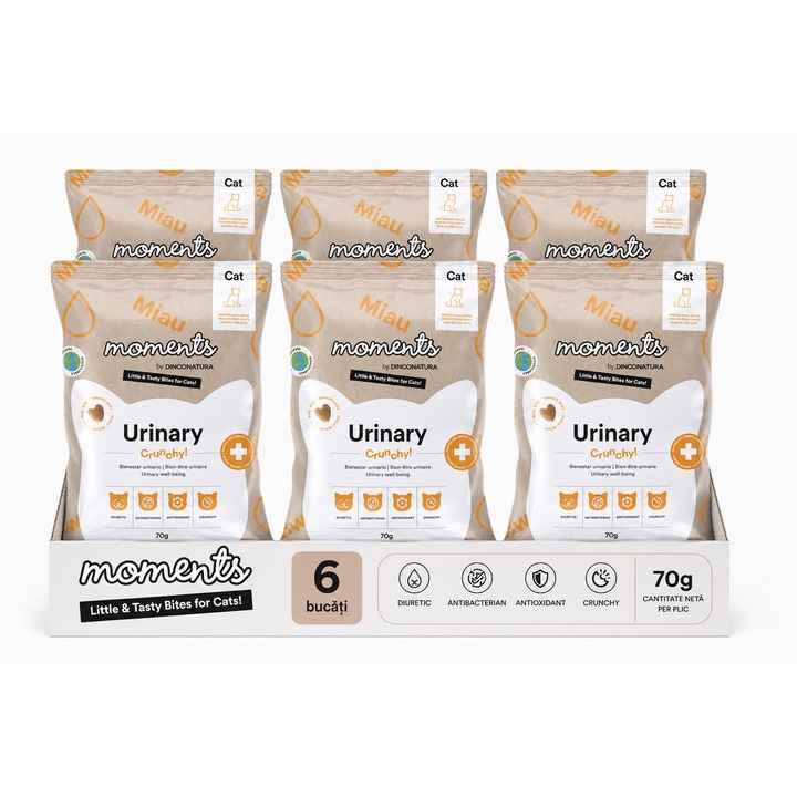 Set 6 Recompense pentru pisici Moments Cat Urinary, Somon, Pui, Spirulina, Patrunjel si Telina 70g, Pentru Sanatatea Tractului Urinar