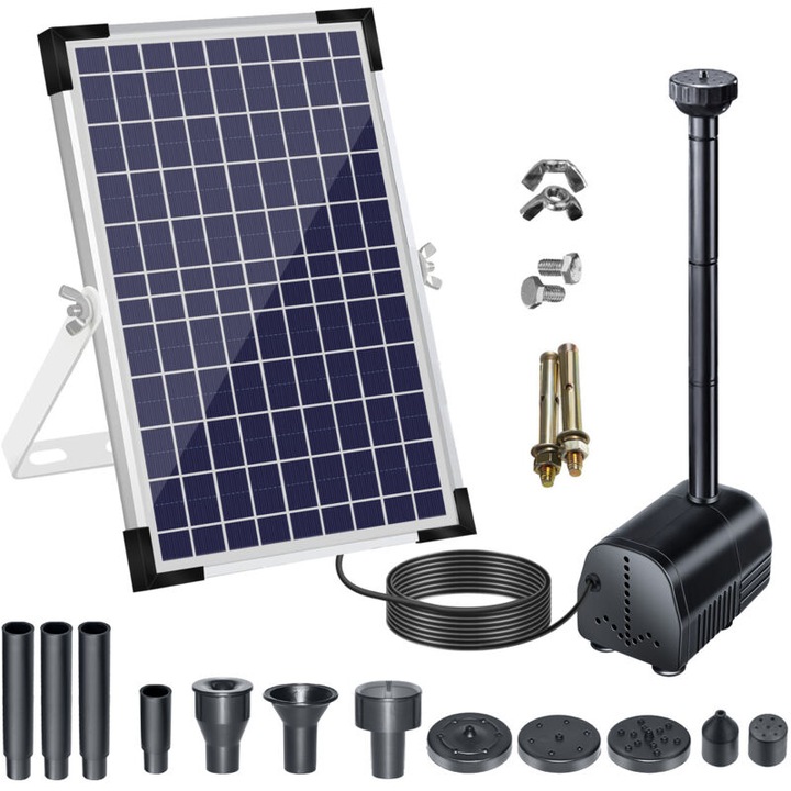 Pompa solara de apa 18V/10W, 1000L/h, cu panou solar mare si duze, pentru fantana, iaz, acvariu, gradina