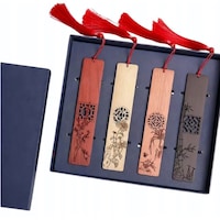 Set de 4 semne de carte din lemn, elegante, motive: pruna, orhidee, bambus, crizantema, functionale, lemn, originale, stil decorativ, pentru iubitorii de carti