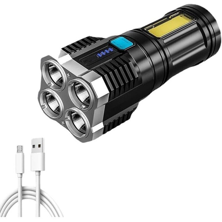 LED фенер с 4 крушки, презареждаем чрез USB, водоустойчив, 3-5 часа автономност, черен