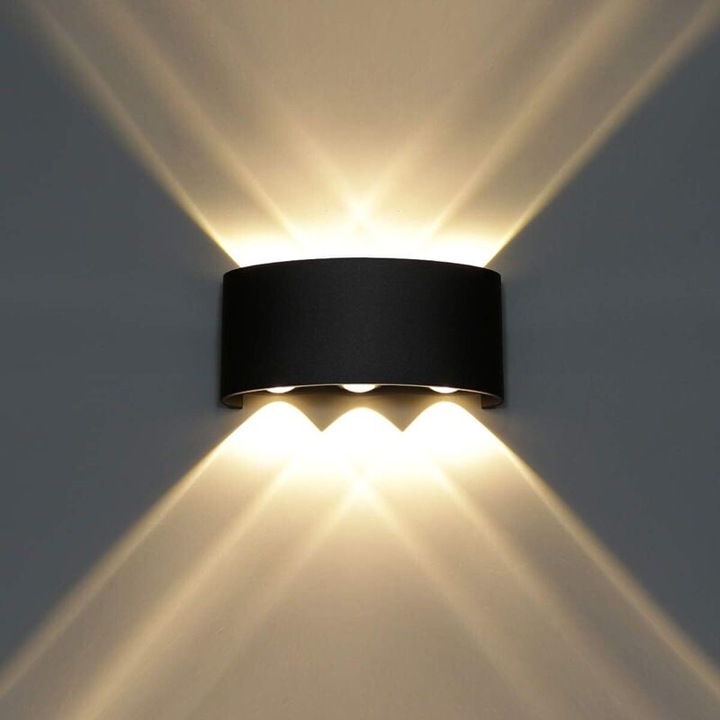 LED аплик за стена / стенна лампа, 6W (6 x 1W) със скрит монтаж, водоустойчива IP65, алуминий, топла светлина, черен, 8 x 17.2 x 4.2 cm
