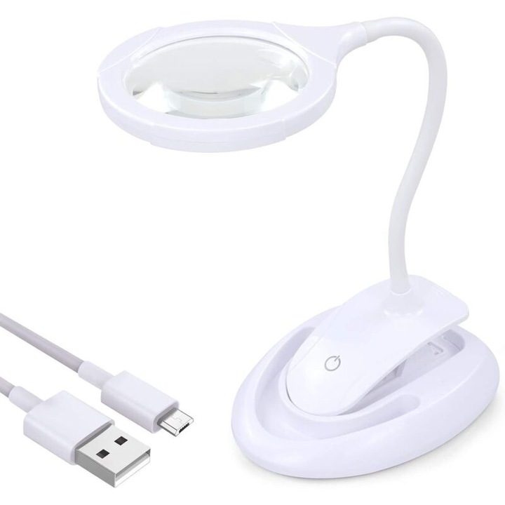 Lupa iluminata cu suport si clema, 5x 10x, 15 LED-uri, acumulator reincarcabil, pentru citit si hobby-uri