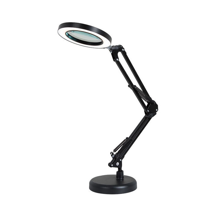 Lampa de birou cu lupa, 8X, 64 LED-uri, 10 niveluri de luminozitate, alb/negru, 1.2m cablu