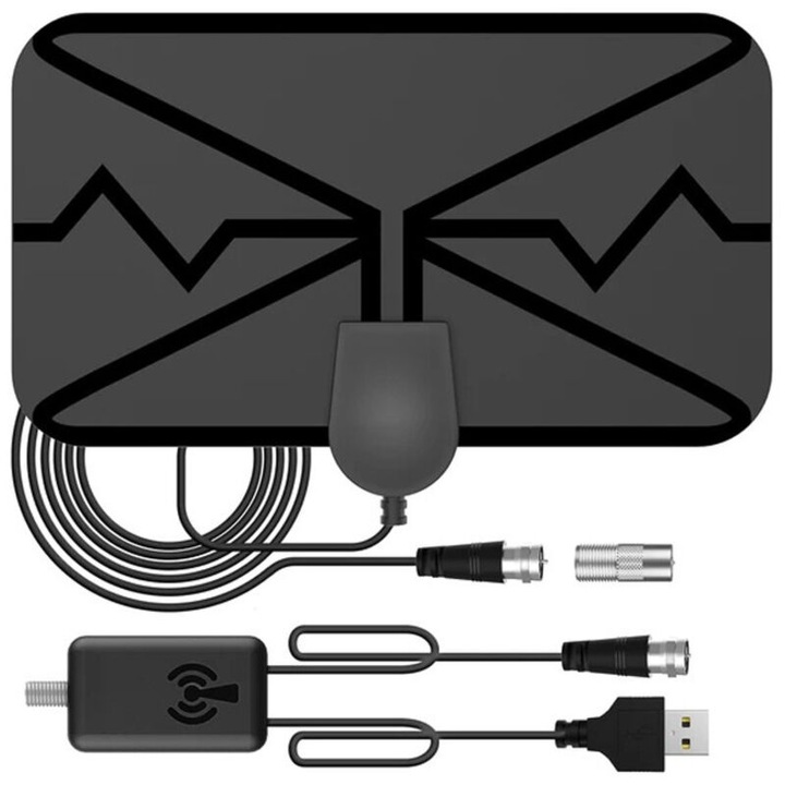 4K DVB-T2 HD beltéri digitális TV antenna, vékony, fekete, 30x20cm