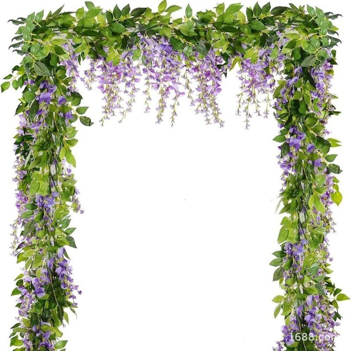 Műwisteria koszorú, 2m, 2 darabos szett, 5 virág, 141 levél, többszínű