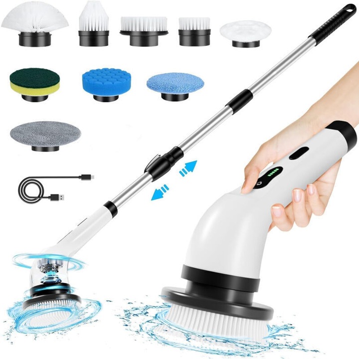 Perie electrica de curatare fara fir, set cu 9 capete, maner reglabil, alb, 25x140cm