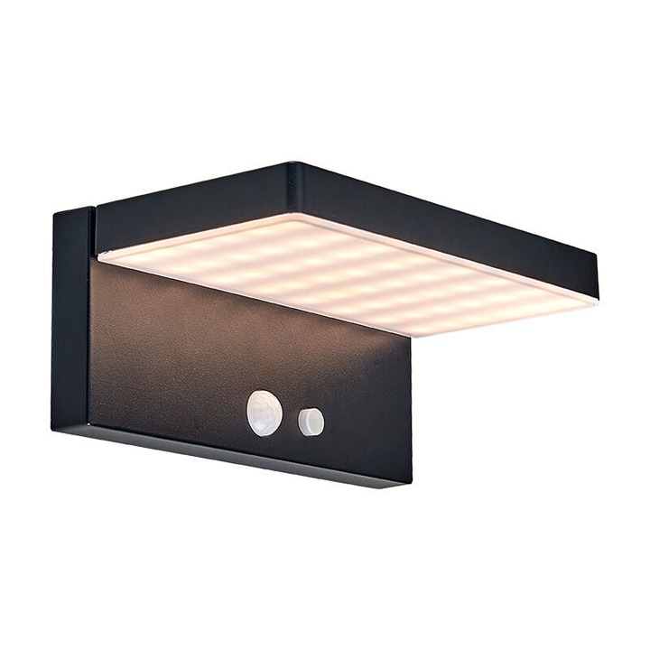 Lampa solara de exterior cu senzor de miscare, 3 moduri, IP44, aluminiu, efect lemn, 18.8x12.3x8cm