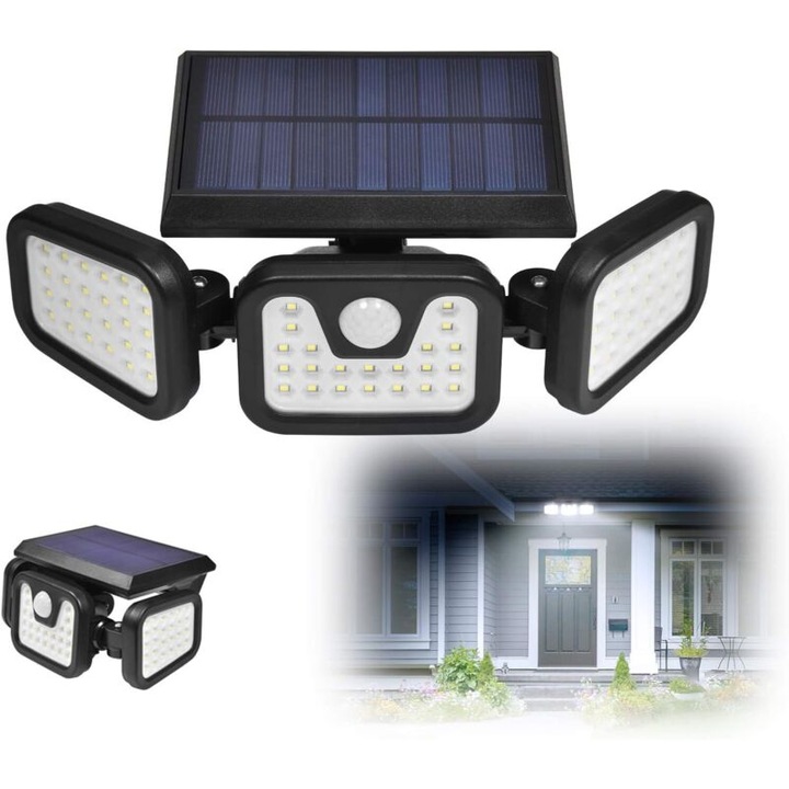 Lampa solara de securitate, 74 LED-uri, 3 moduri de iluminare, impermeabil, pentru exterior