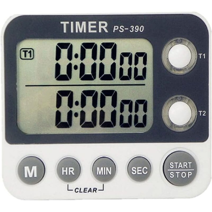 Kétcsatornás konyhai időzítő, állítható riasztási hangerő, nagy LCD kijelző, mágneses tartó, 3.8cm