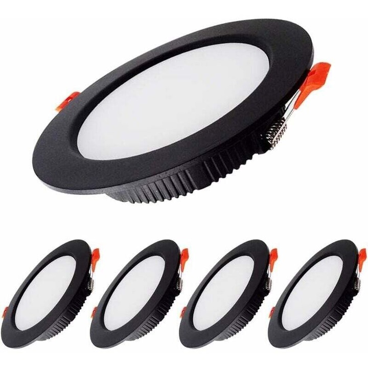 5 db fekete beépíthető LED spotlámpa készlet, 5W, 4000K, kerek, 8x8cm