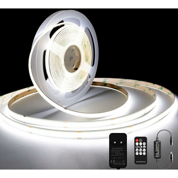 Banda LED COB 10m, 384 LEDs/m, 6000K, 72W, latime 8mm, set cu alimentator si telecomanda