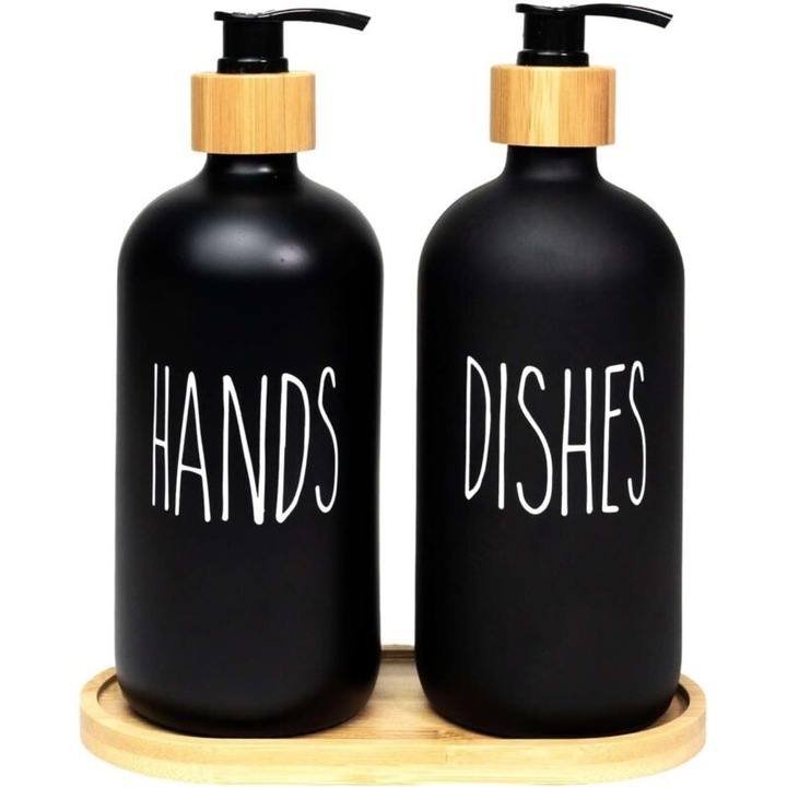 2 db üveg szappanadagoló készlet, kefe és bambusz tálca, 500ml, átlátszó