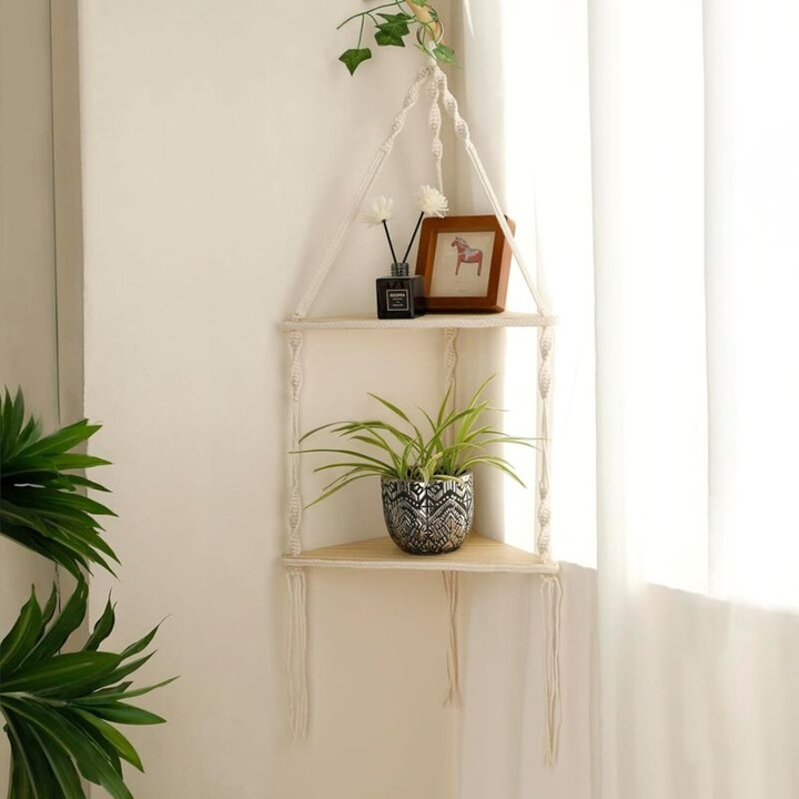 Fa fali sarokpolc, 2 szintes, boho design, bézs, 93x32.5x23.5cm