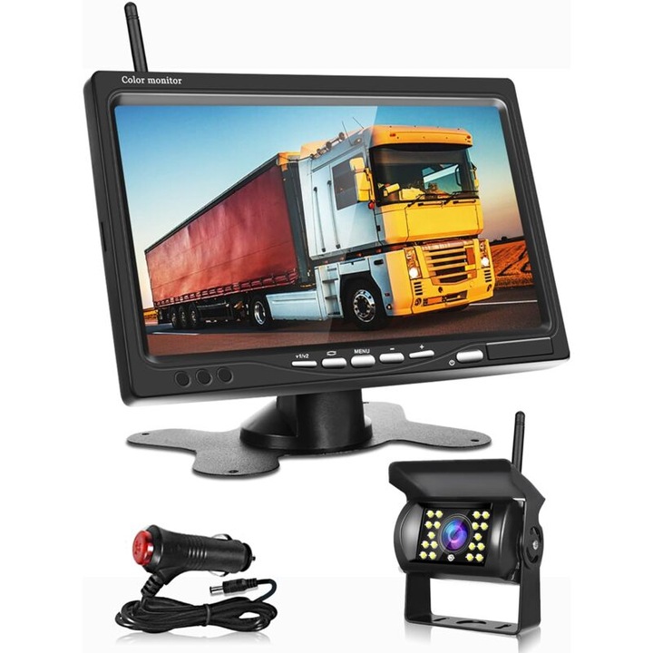 Vezeték nélküli tolatókamera 7 hüvelykes LCD monitorral, 170 fokos látószög, éjjellátó, IP67, vízálló