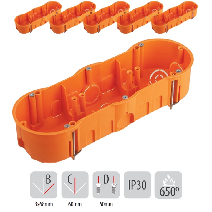 Doza, Cutie de Derivatie, Pentru Rigips Set 5 Bucati Montaj Incastrat, 60x215x60mm, Portocaliu