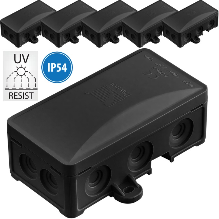 Doza, Cutie de Derivatie, Exterior, Set 5 Bucati, Interconectabile, Montaj Aplicat, 10 Intrari, Montarea Capacului ( Cu Presiune), UV Rezistenta, Halogen Free, IP54, 95x50x40mm, Negru, Pawbol