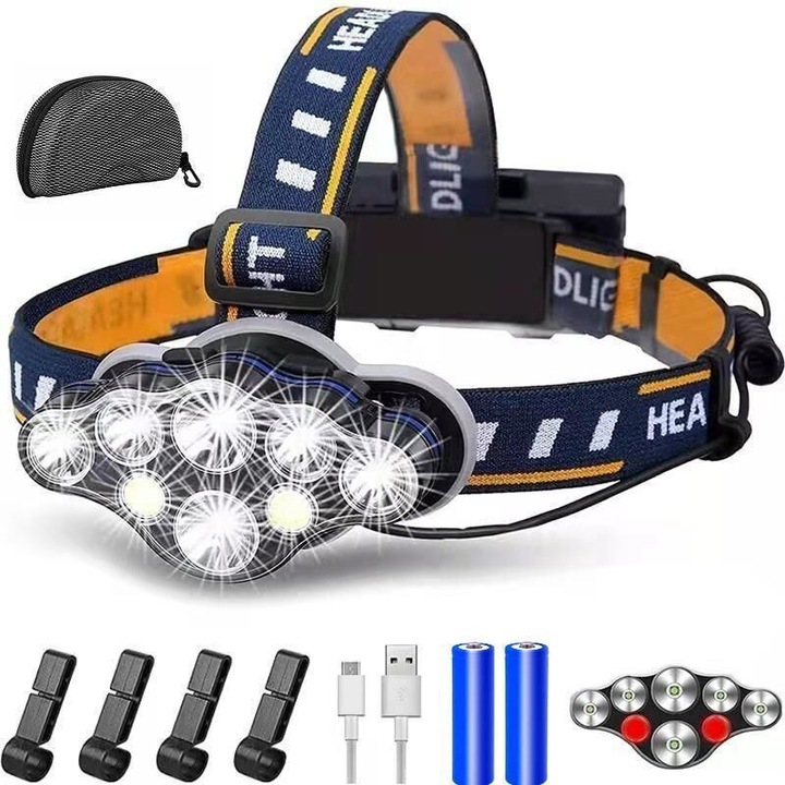 Újratölthető LED lámpa, 2000 lumen, 8 világítási mód, vízálló, szett 4 sisakcsipesszel, 2 elem, USB kábel